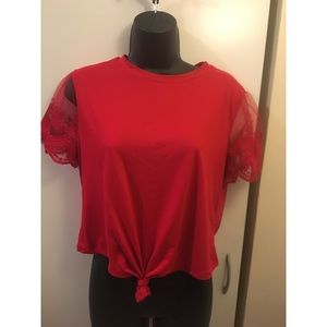 Red crop top with lace sleeves